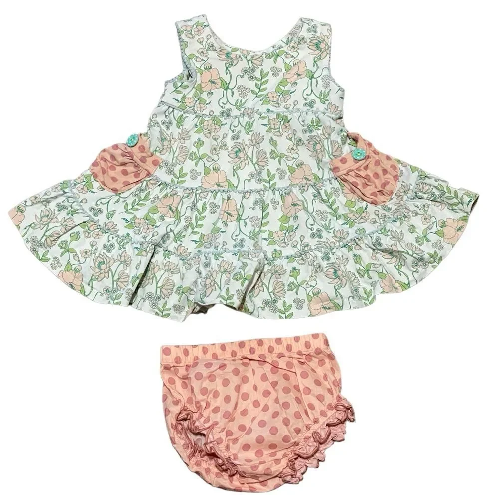 Matilda Jane Little Adventure Dress and Bloomer Diaper Cover Peach Green 6-12 mo